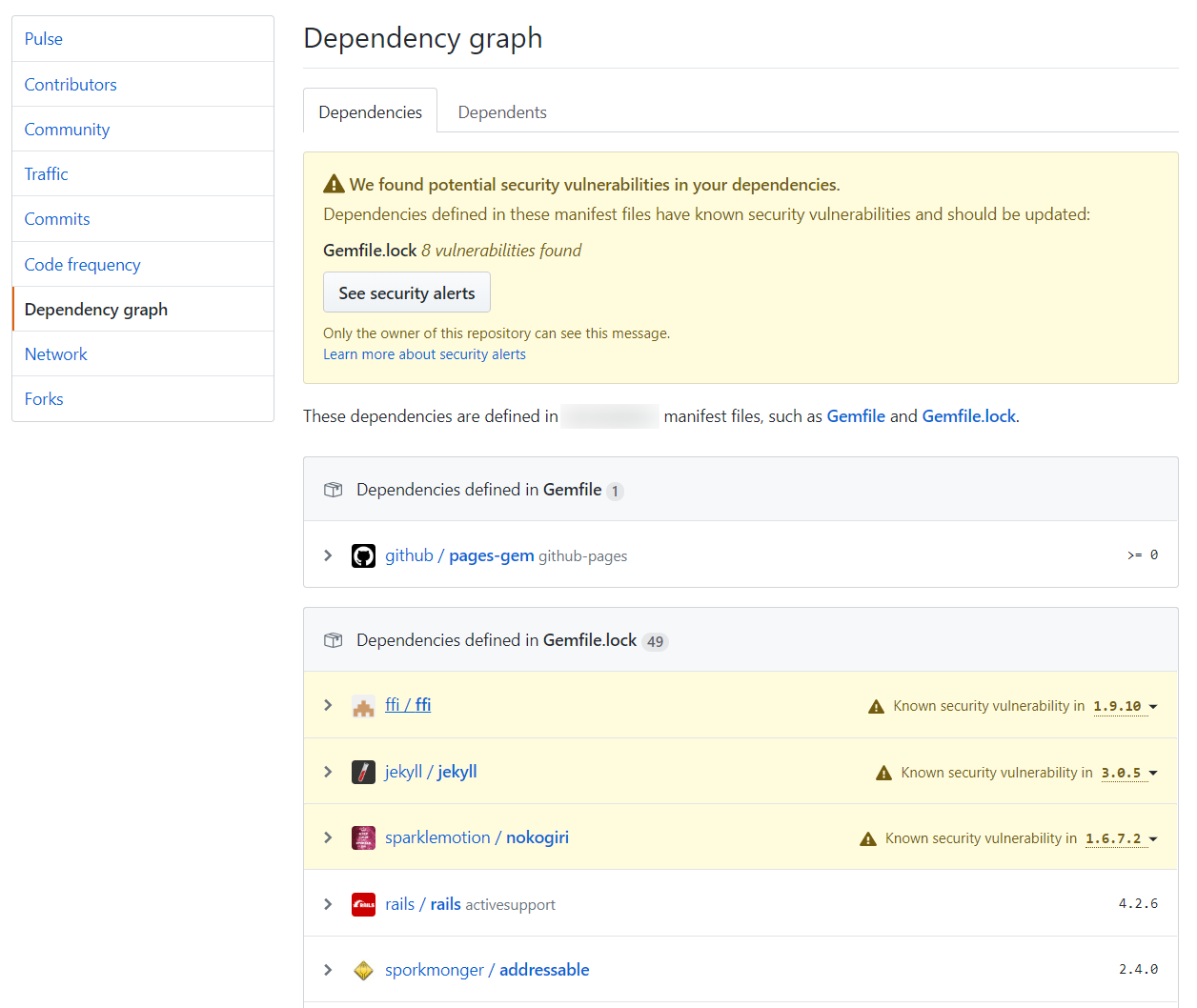 Security alert details in GitHub repository dependency graph
